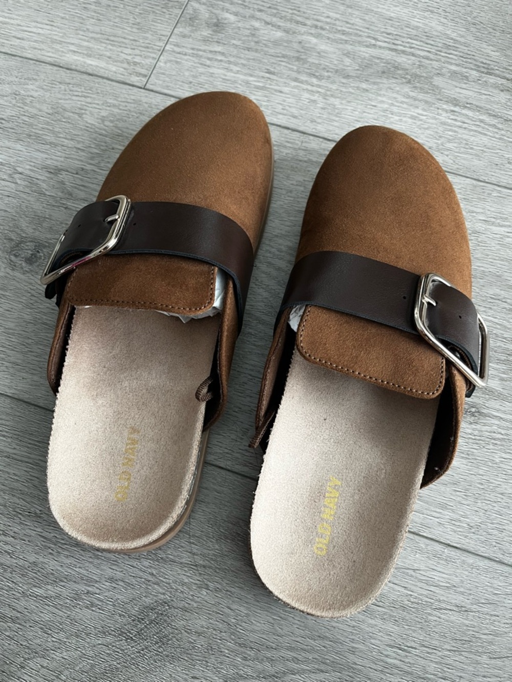 Brown Suede Slip-On Mules with Buckle Strap